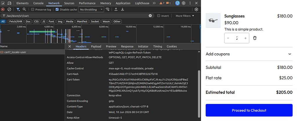 Chrome DevTools showing the Cart-Token header attached by middleware to a /wc/store/v1/cart request.