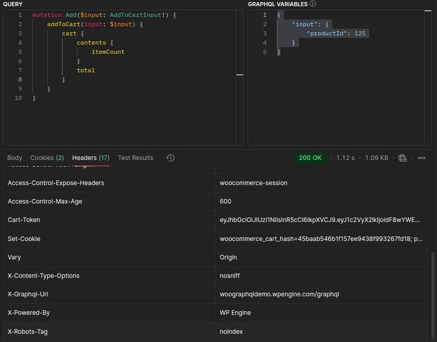 Postman executing an addToCart mutation against /graphql, with the response Headers tab expanded to show the Cart-Token JWT WooCommerce returned for the new guest session.